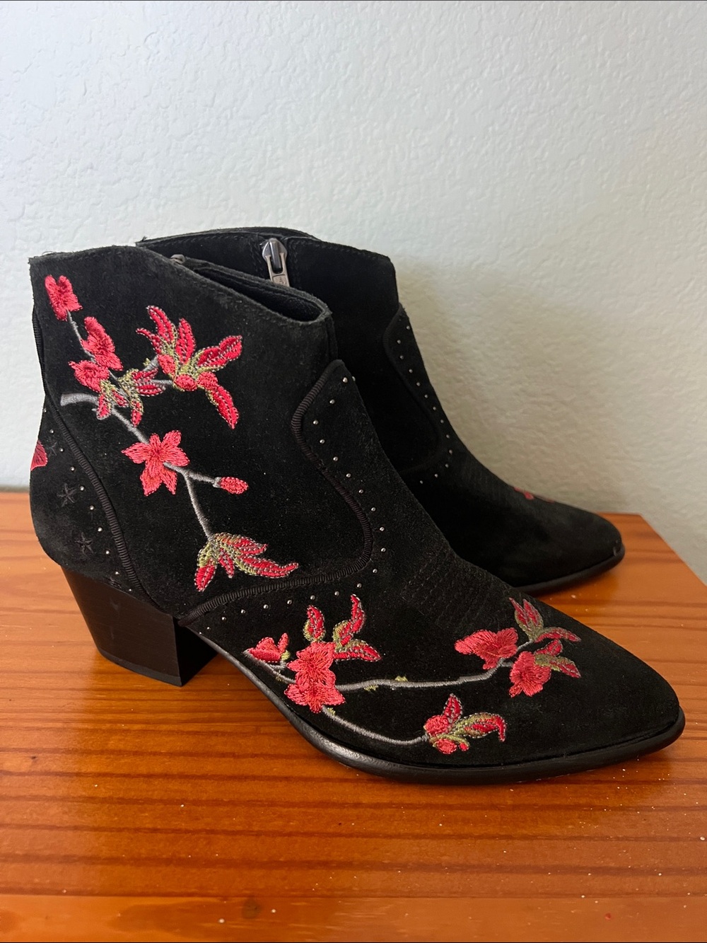Ash Black Suede Ankle Boots with Pink Floral Embroidery